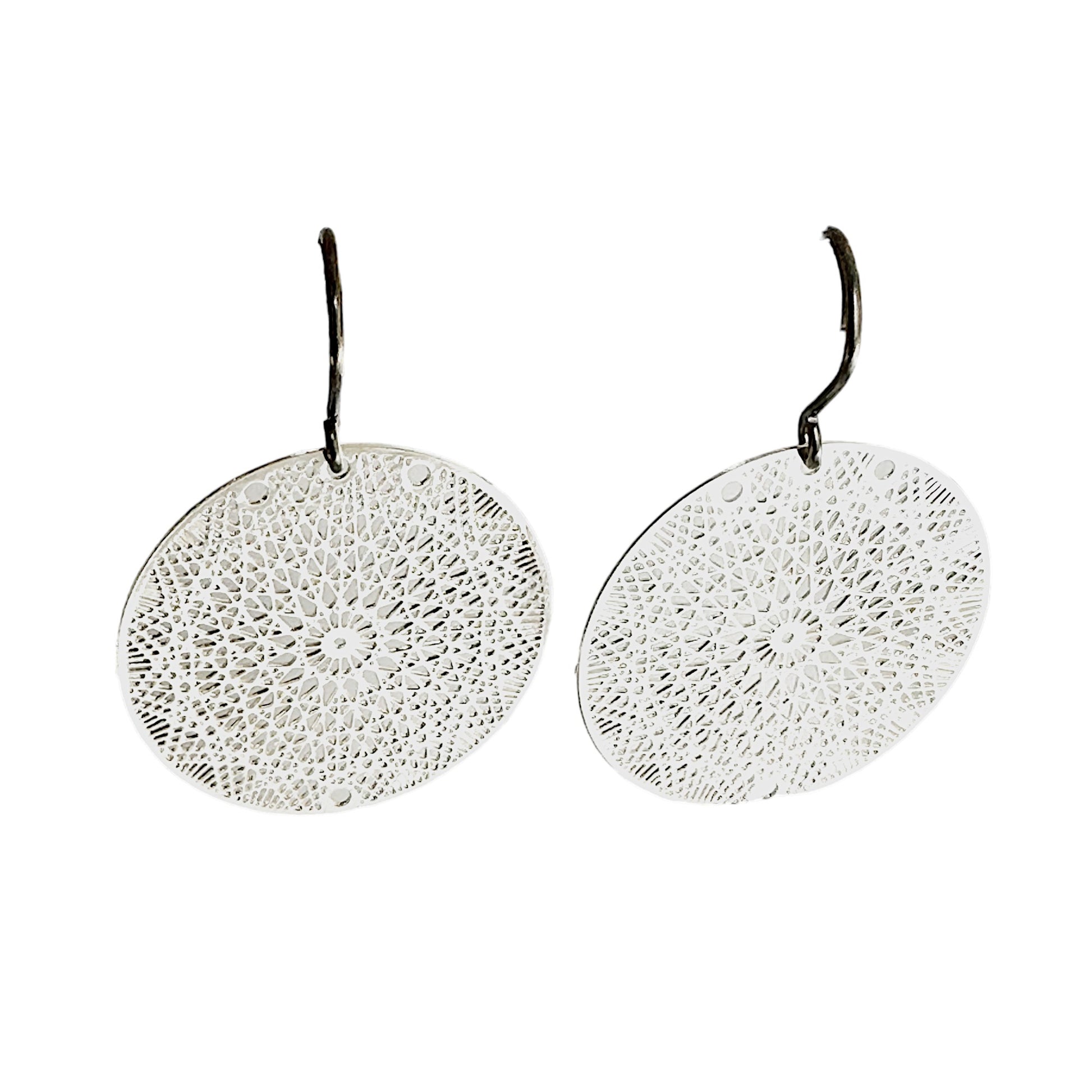 Silver geometric disc earrings with a titanium hook on a white background