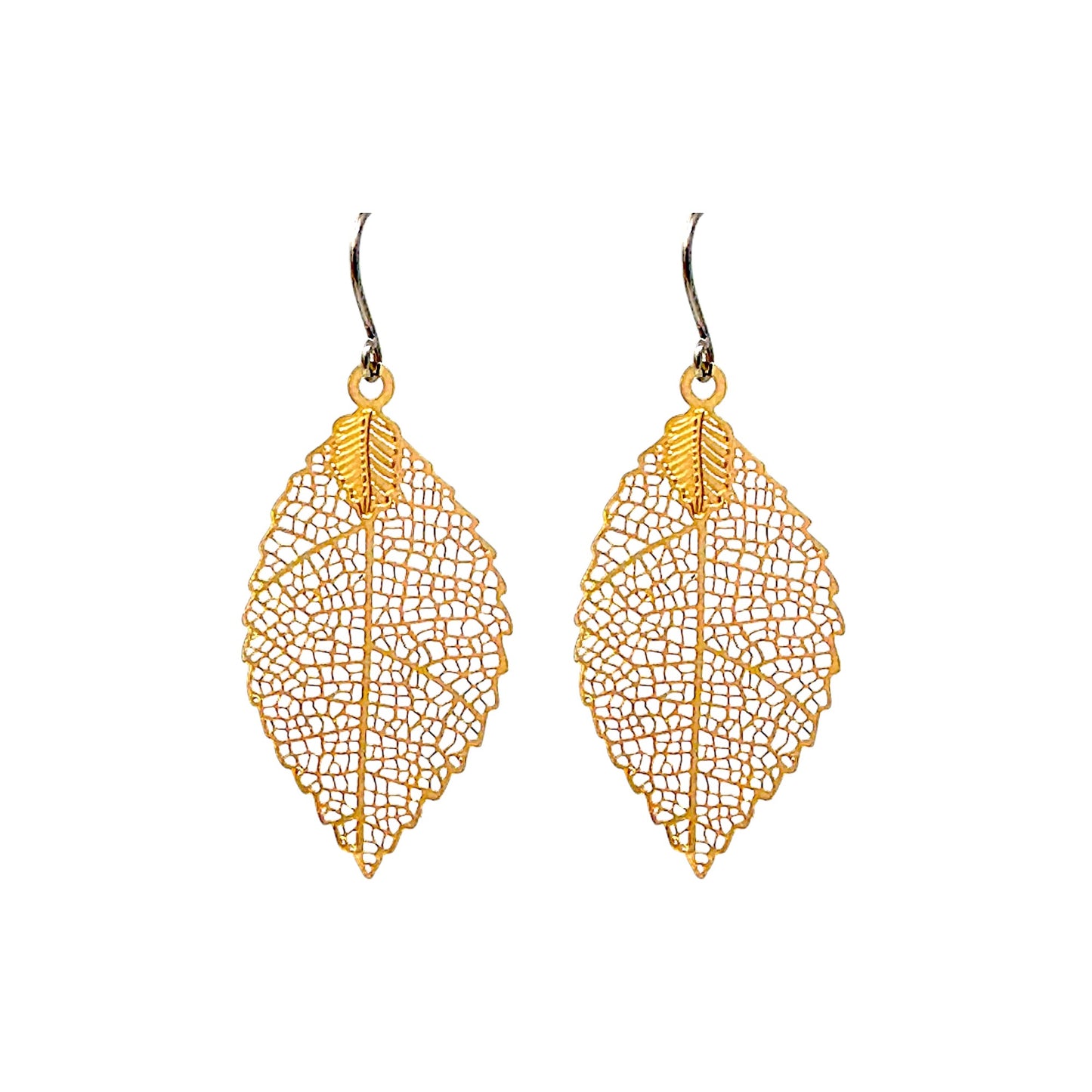 Small Gold disc leaf earring and a titanium hook on a white background