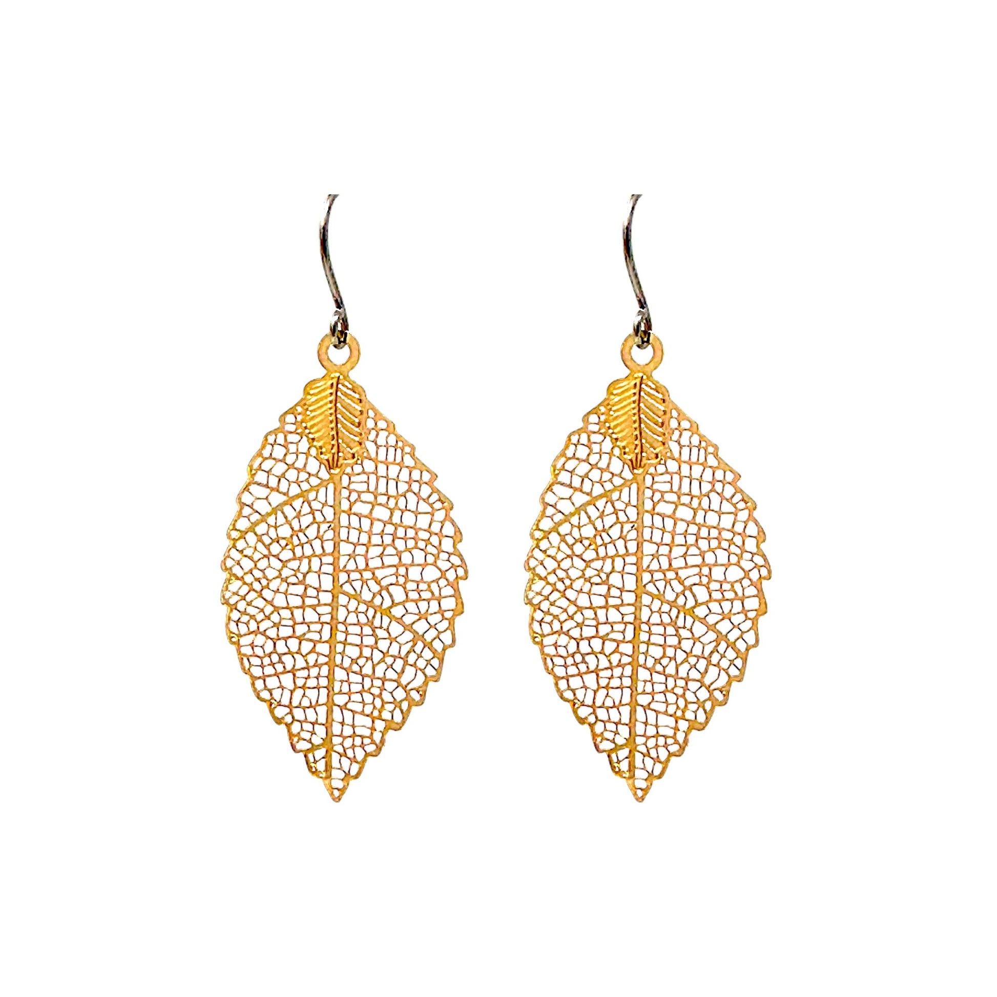 Small Gold disc leaf earring and a titanium hook on a white background