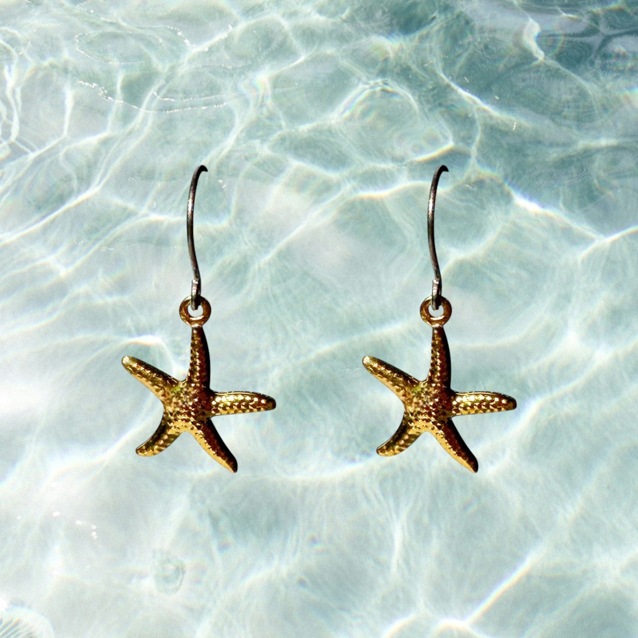 Starfish Charm earrings titanium on a ocean water background
