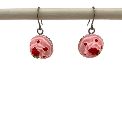 Strawberry pie earrings with a titanium hook on a white background