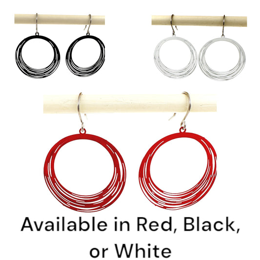 Black, White and red String Ring earrings with titanium hook