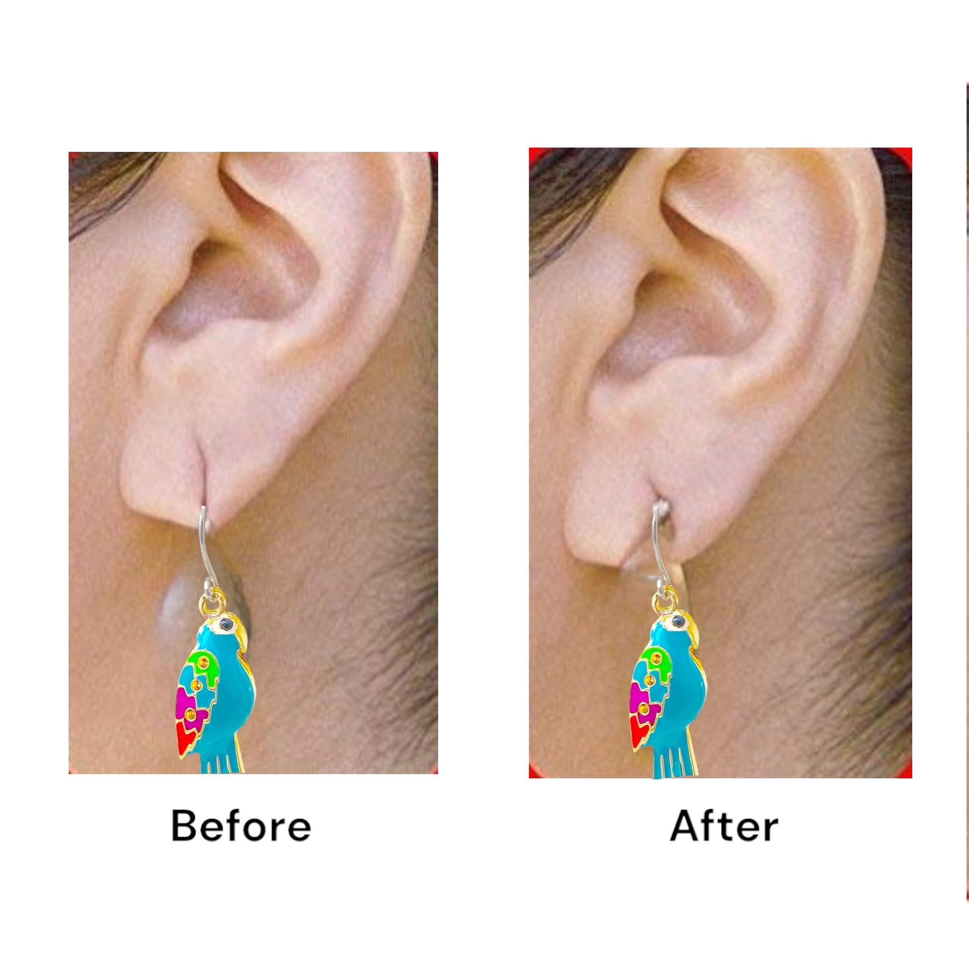 place the EarLift support behind your ear lobe and secure your earring as usual for instant lift and support