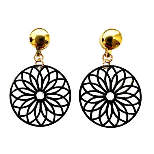 TI-GO Black Flower Wheel Earrings. Magnetic titanium interchangeable earring system. Detachable earrings for a truly hypoallergenic jewellery on a white background