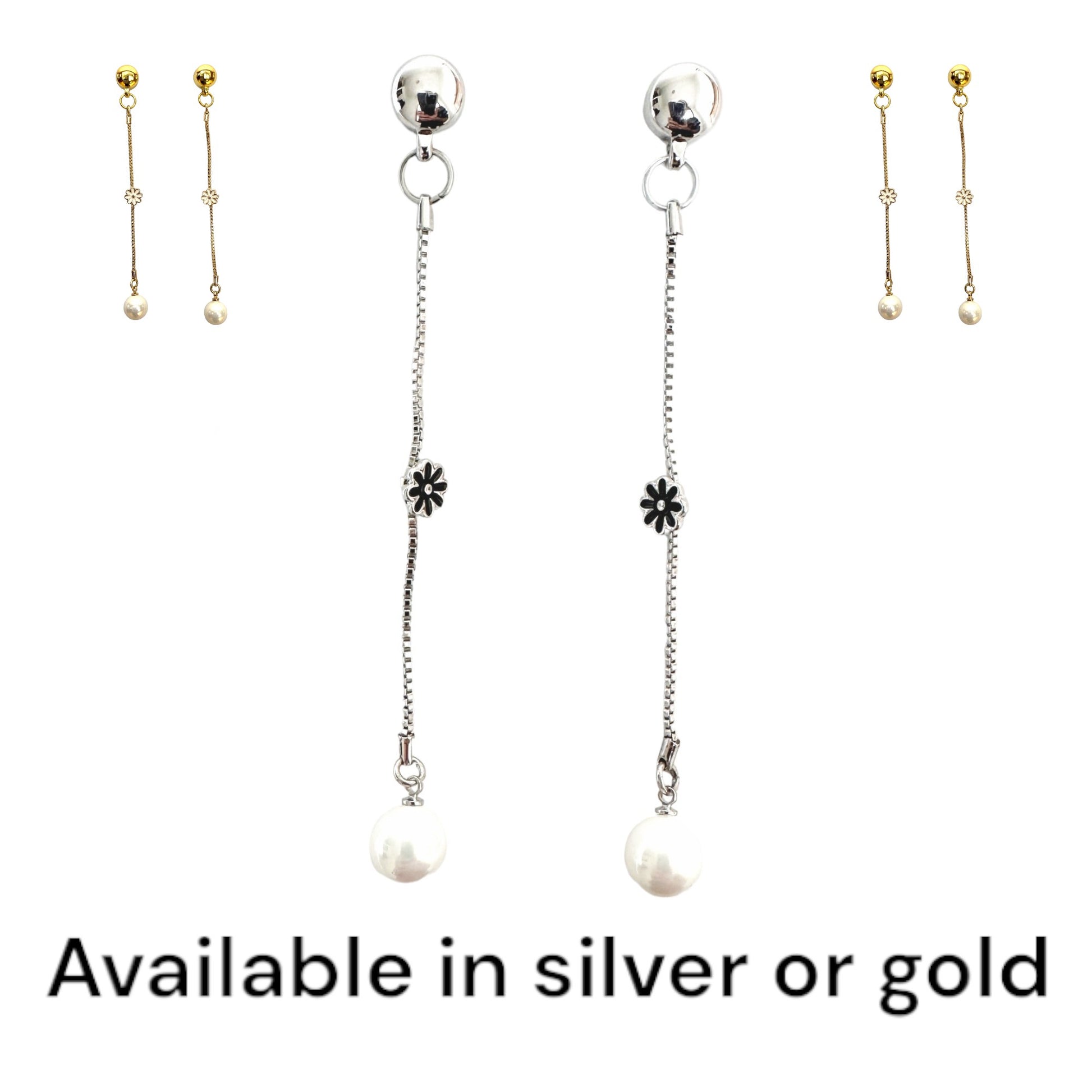 TI-GO Daisy and Pearl earrings. Magnetic titanium interchangeable earring system. Detachable earrings for a truly hypoallergenic jewellery on a white background. silver and gold