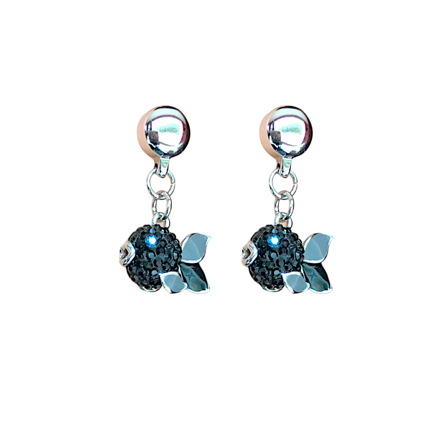 TI-GO Fish Charm earrings. Magnetic titanium interchangeable earring system. Detachable earrings for a truly hypoallergenic jewellery on a white background. black grey