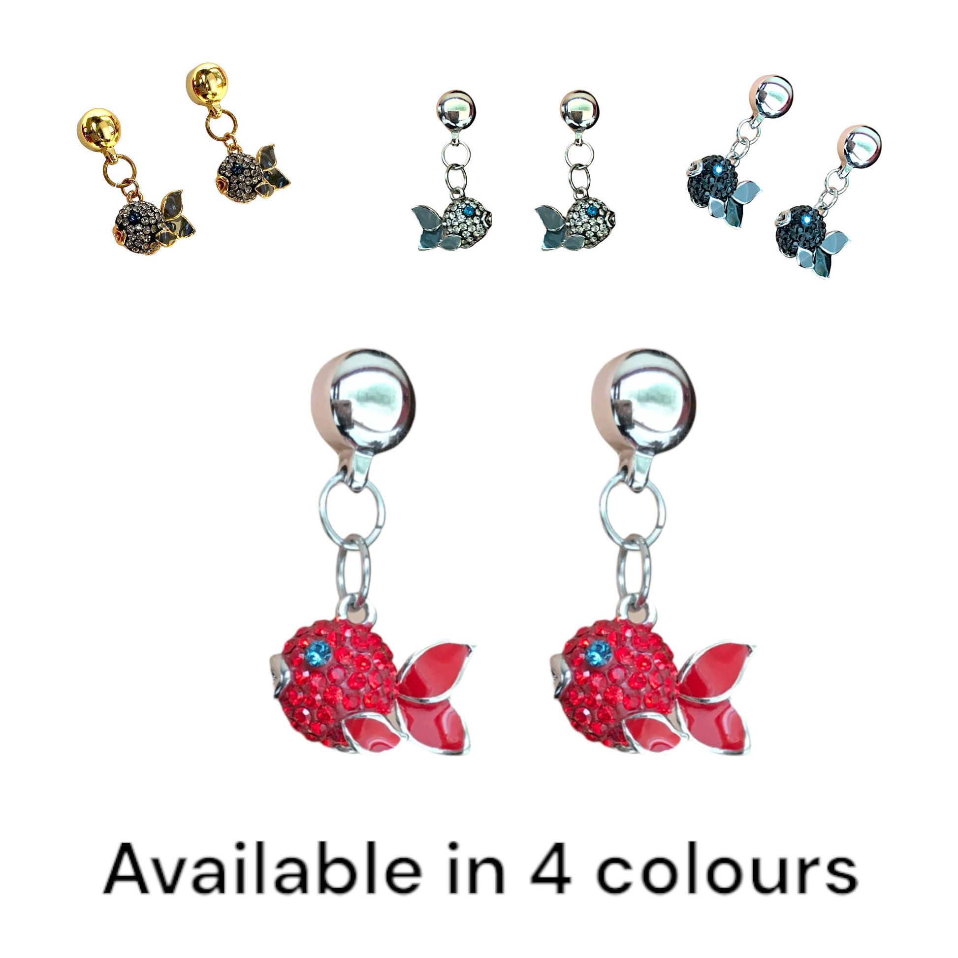 TI-GO Fish Charm earrings. Magnetic titanium interchangeable earring system. Detachable earrings for a truly hypoallergenic jewellery on a white background. in 4 colours