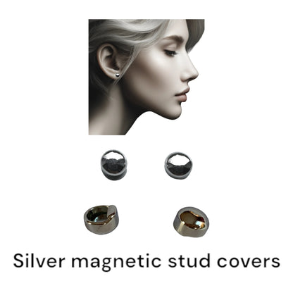 TI-GO Silver Stud Covers. Titanium Studs with titanium backs. These studs shown on a white woman.