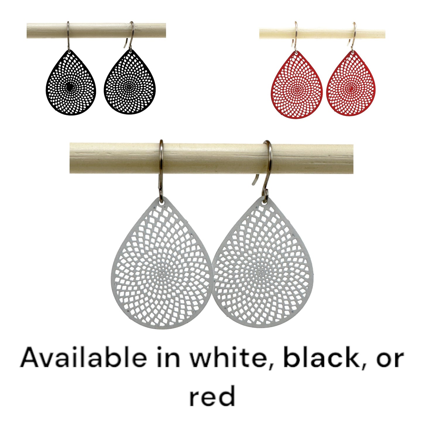 White/Black/Red teardrop earrings with titanium hook. on a white background