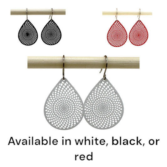 White/Black/Red teardrop earrings with titanium hook. on a white background