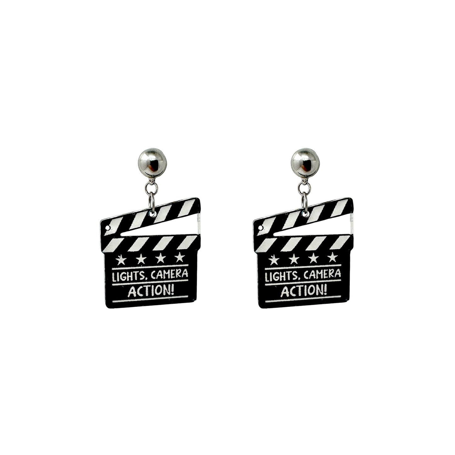 Lights camera action earrings with a titanium magnetic stud on a white background