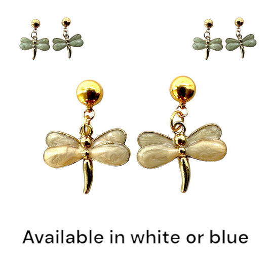 Ti-Go Pearly Dragonfly earrings. Detachable earrings for a truly hypoallergenic jewellery on a white background. 2 colours