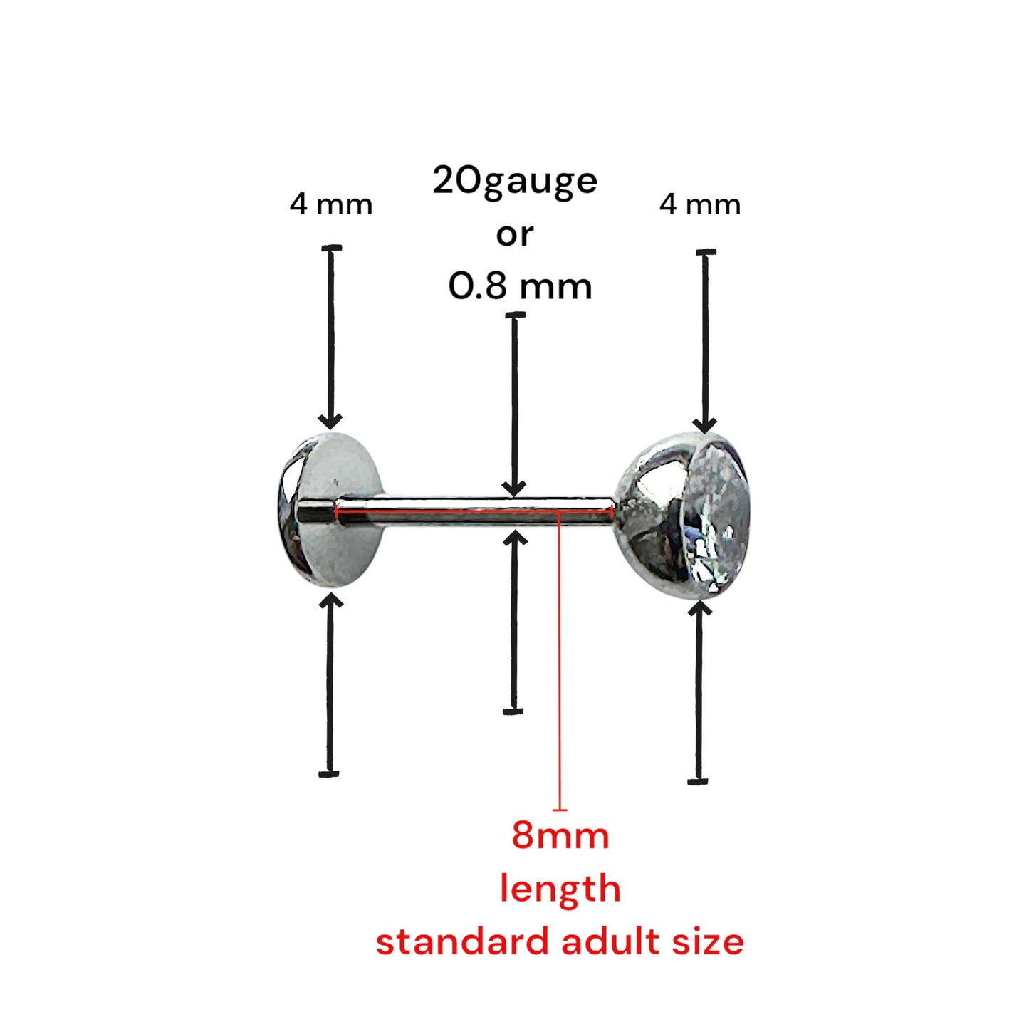 Titanium 4 mm zirconium flatback stud measured 8 mm long