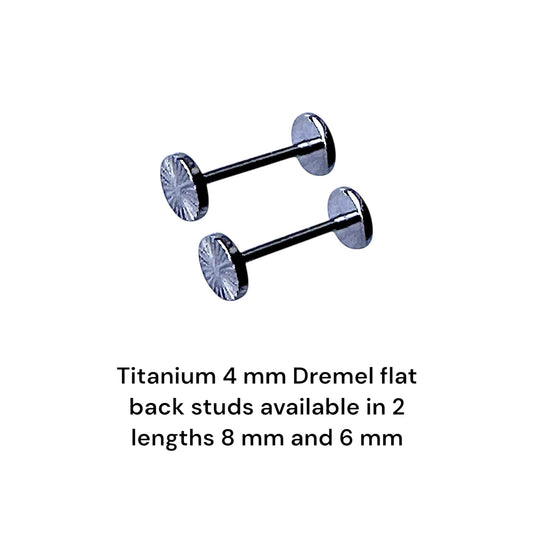 Titanium dremel flat back stud pair 8 and 6 mm long on a white background