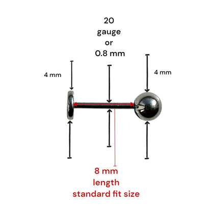 Titanium silver 4 mm ball flat back stud 8 mm long measured on a white background