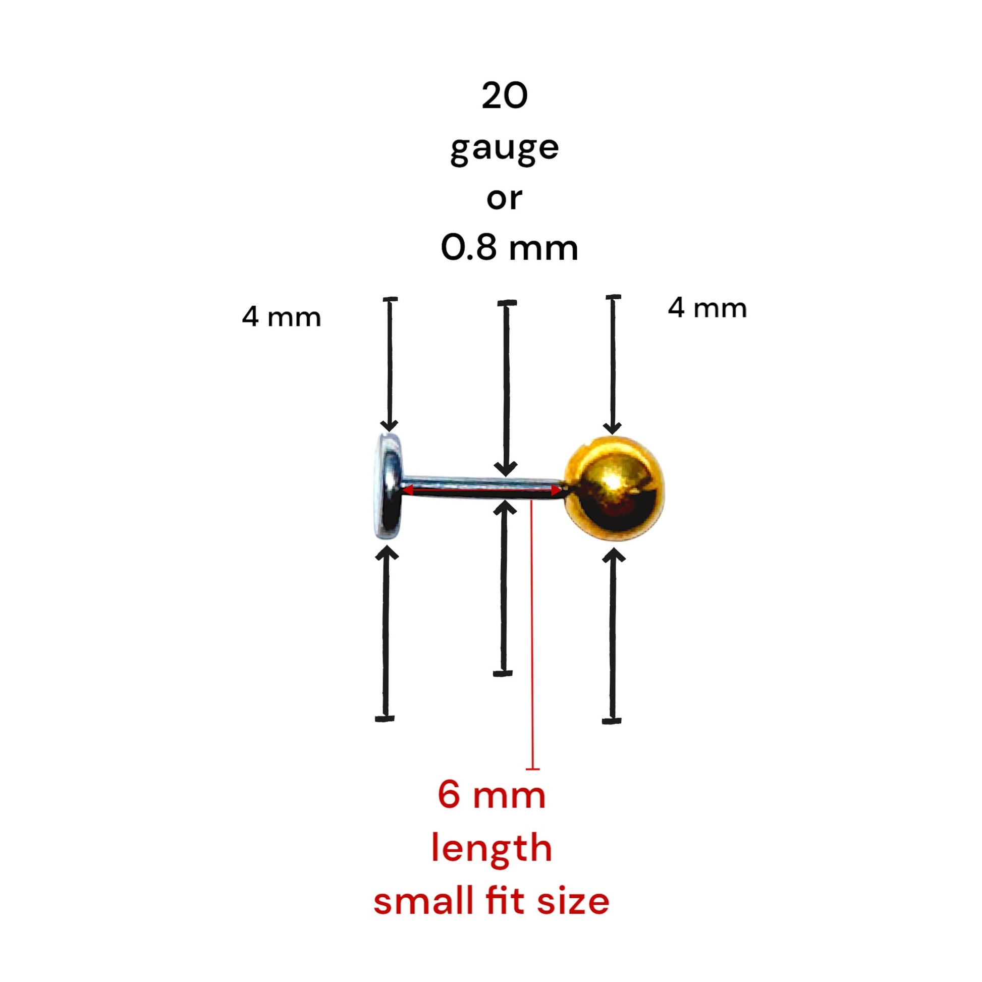 Titanium Flat Back Push-In Gold 4 mm Ball Studs in 6 mm small fit length with measurements on a white background
