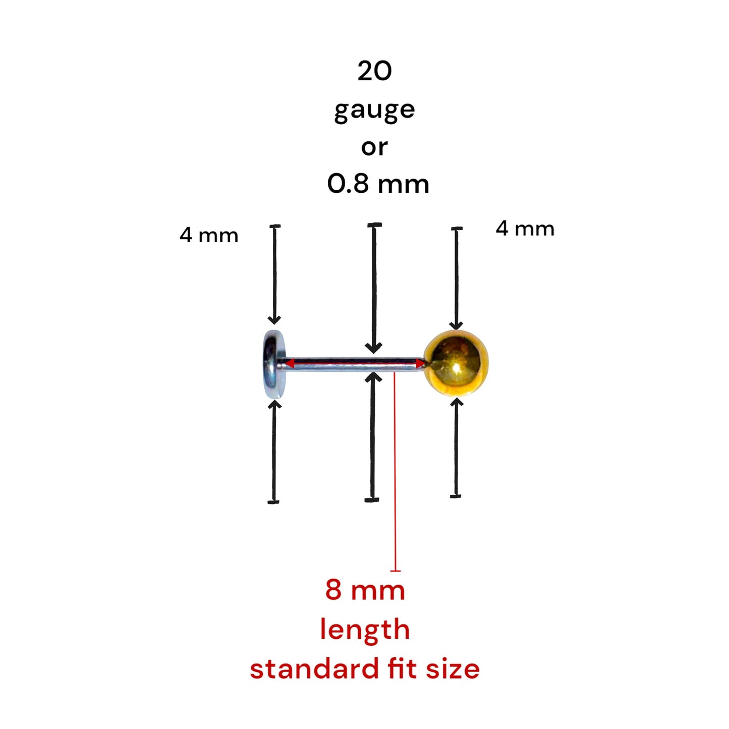 Titanium Flat Back Push-In Gold 4 mm Ball Studs in 8 mm in length with measurements on a white background