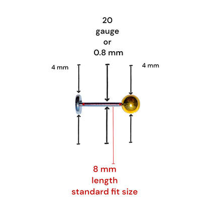 Titanium Flat Back Push-In Gold 4 mm Ball Studs in 8 mm in length with measurements on a white background