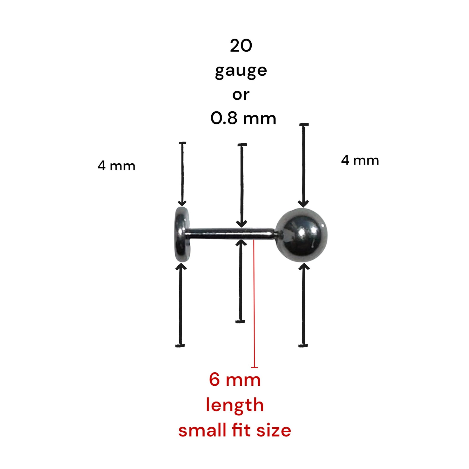 Titanium silver 4 mm ball flat back stud 6 mm long measured on a white background