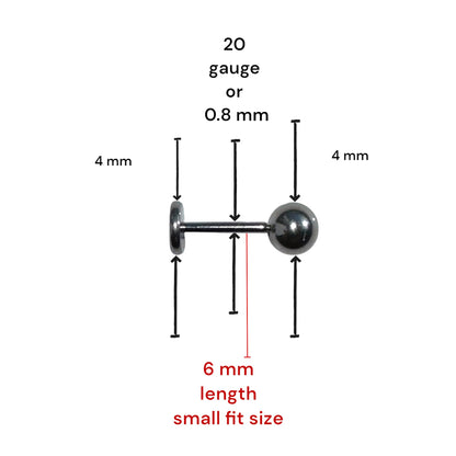 Titanium silver 4 mm ball flat back stud 6 mm long measured on a white background