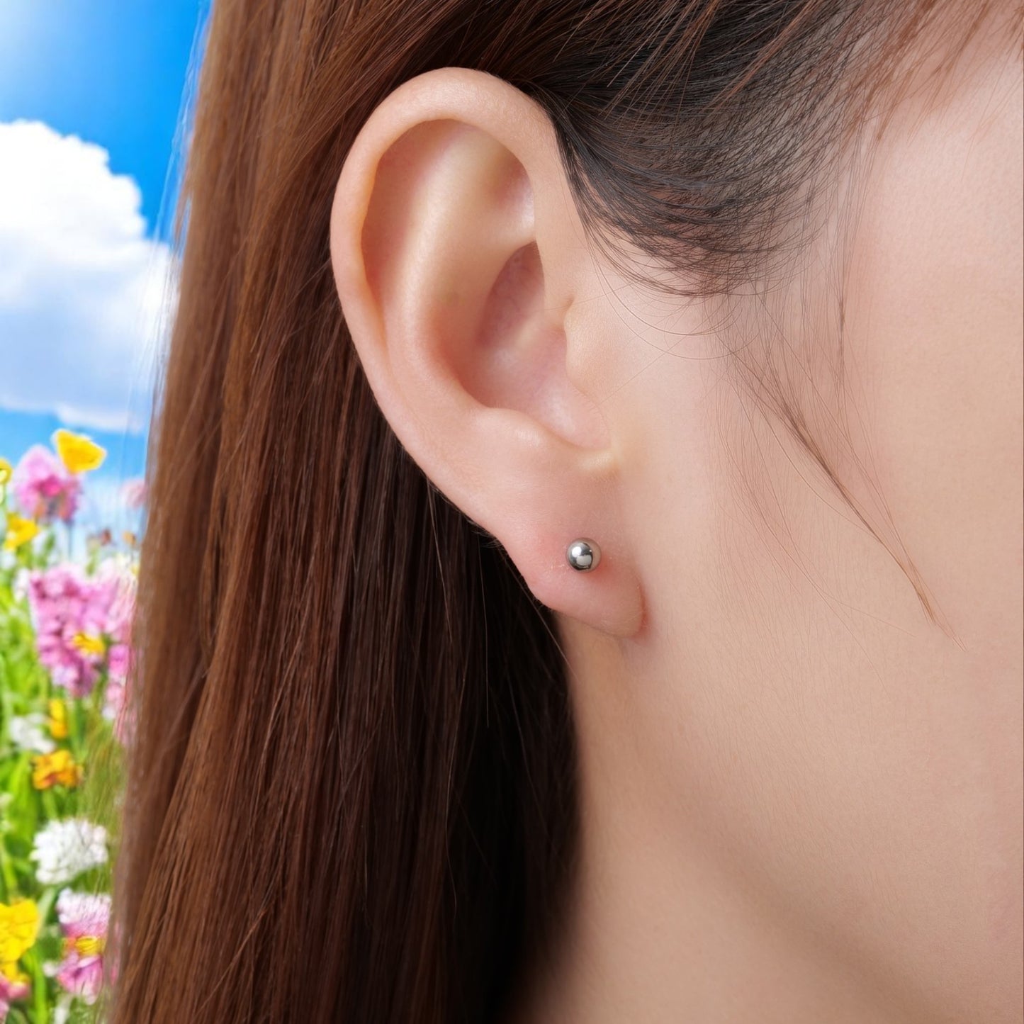 Titanium Flat Back Push-In 4 mm Silver Ball Stud 4-mm on a woman