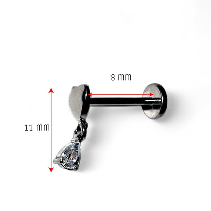 Titanium earring with heart and teardrop hanging gem on a white background measured