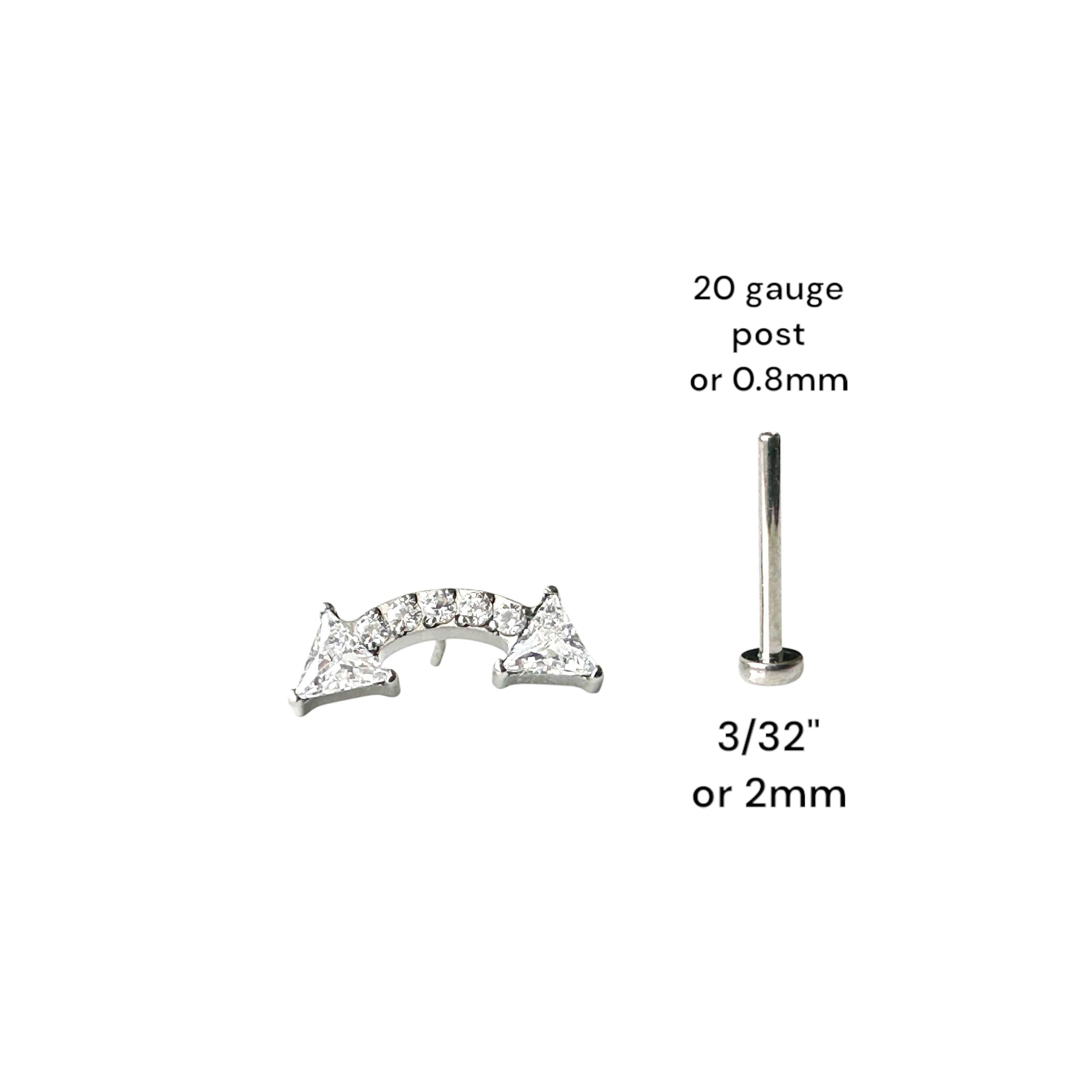 Titanium arrow gem flat back stud 20 gauge post on a white background