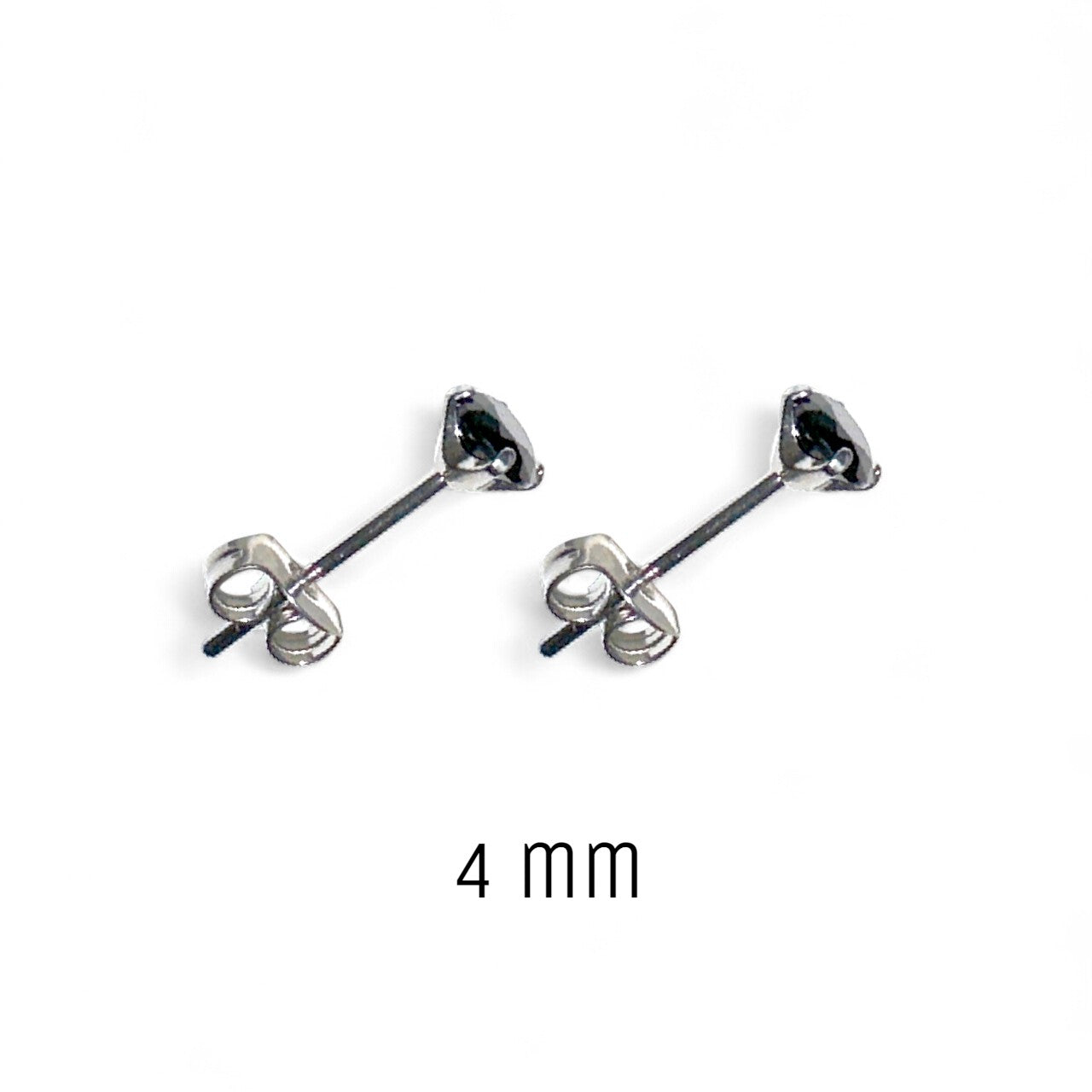 Pair of black titanium adjustable earring studs with a label '4 mm' on a white background