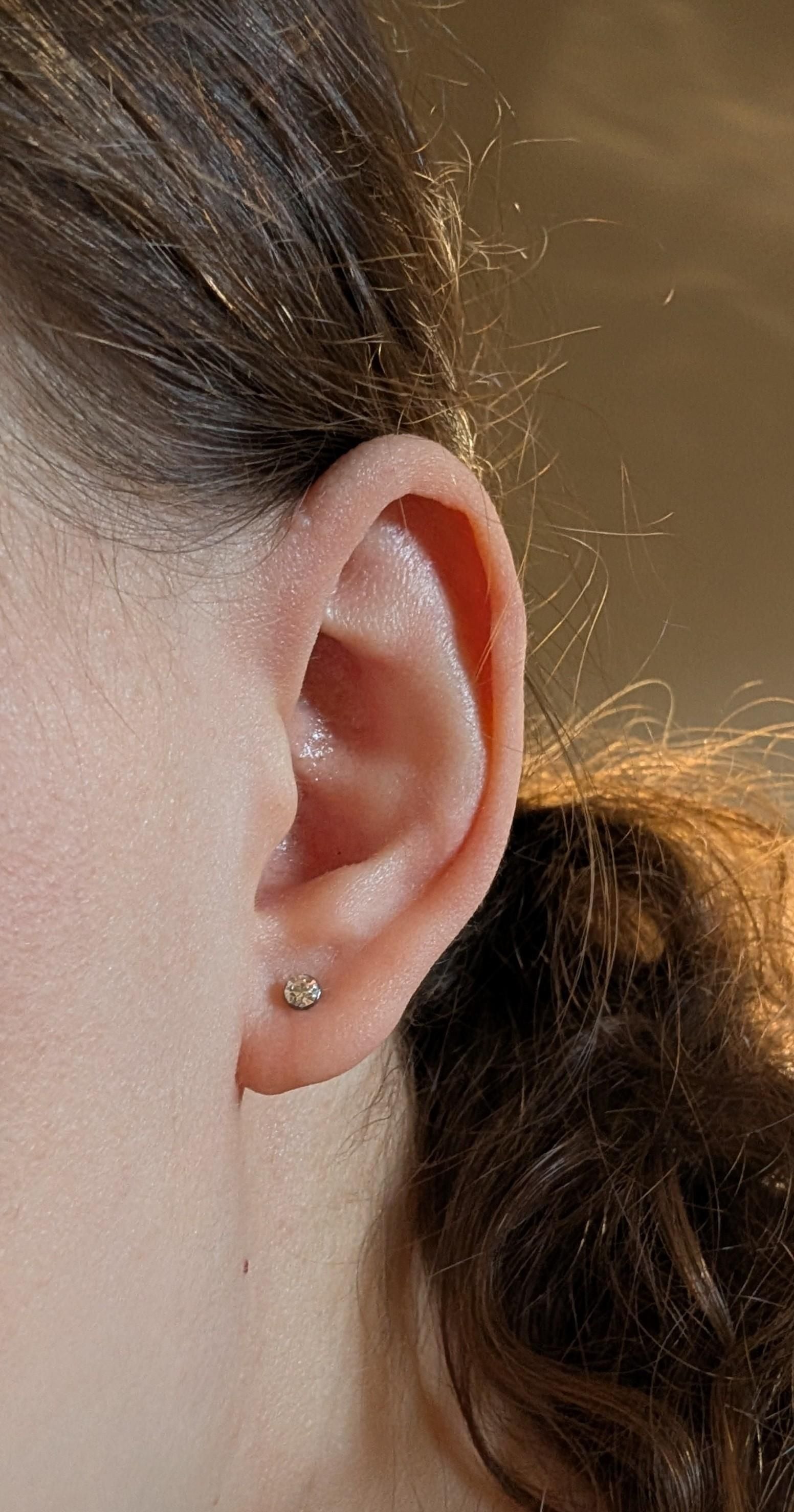 Titanium 3mm Gem Studs close up on a  Kateryna Zhukova