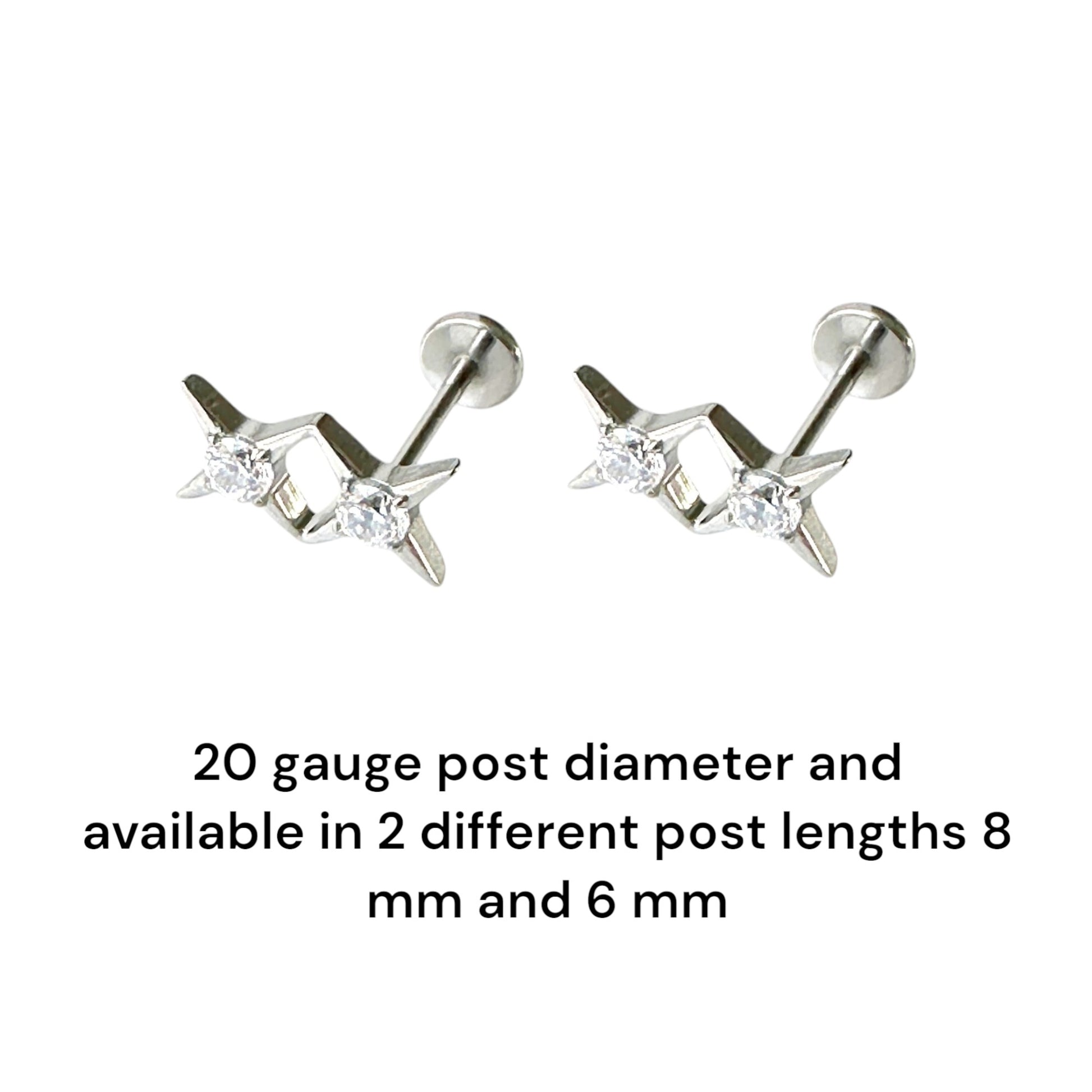 Titanium double star gem flat back stud 2 sizes available on a white background