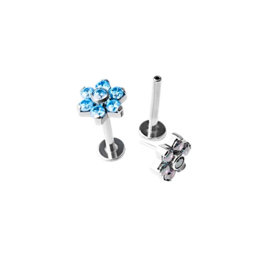 Titanium flat back floral earring with aqua blue gemstones on a white background