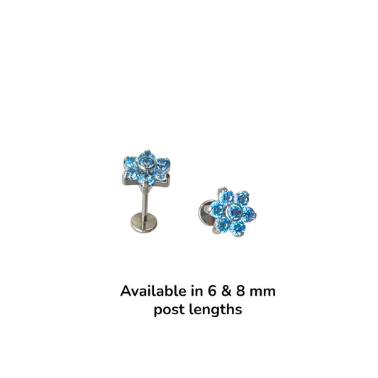 Titanium flat back floral earring with aqua blue gemstones on a white background post lengths