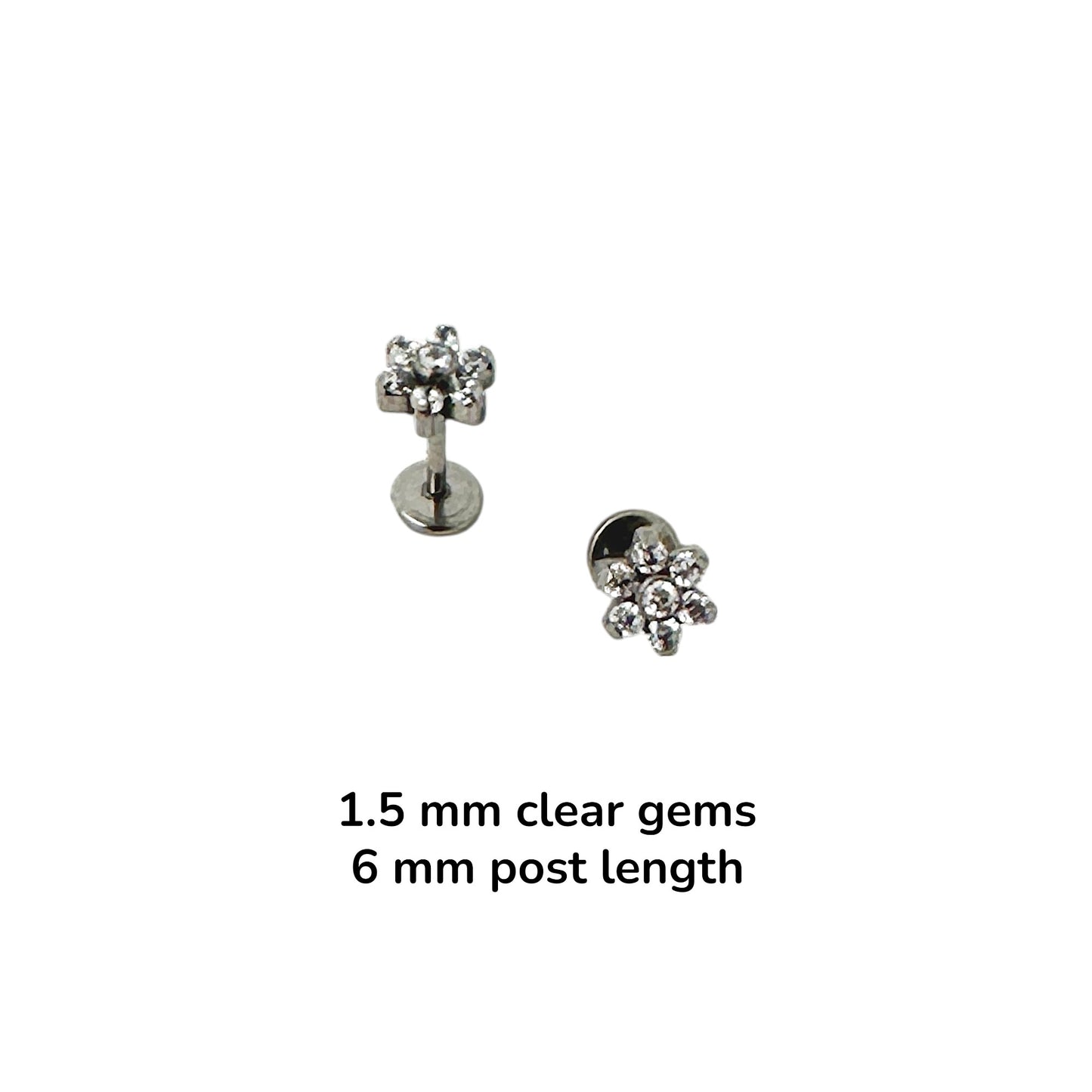 Pair of titanium earrings with clear gemstones on a white background sized