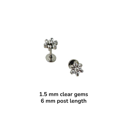 Pair of titanium earrings with clear gemstones on a white background sized