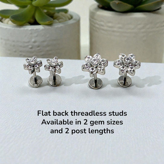 Titanium flower-shaped earrings on a white surface with text about product details.