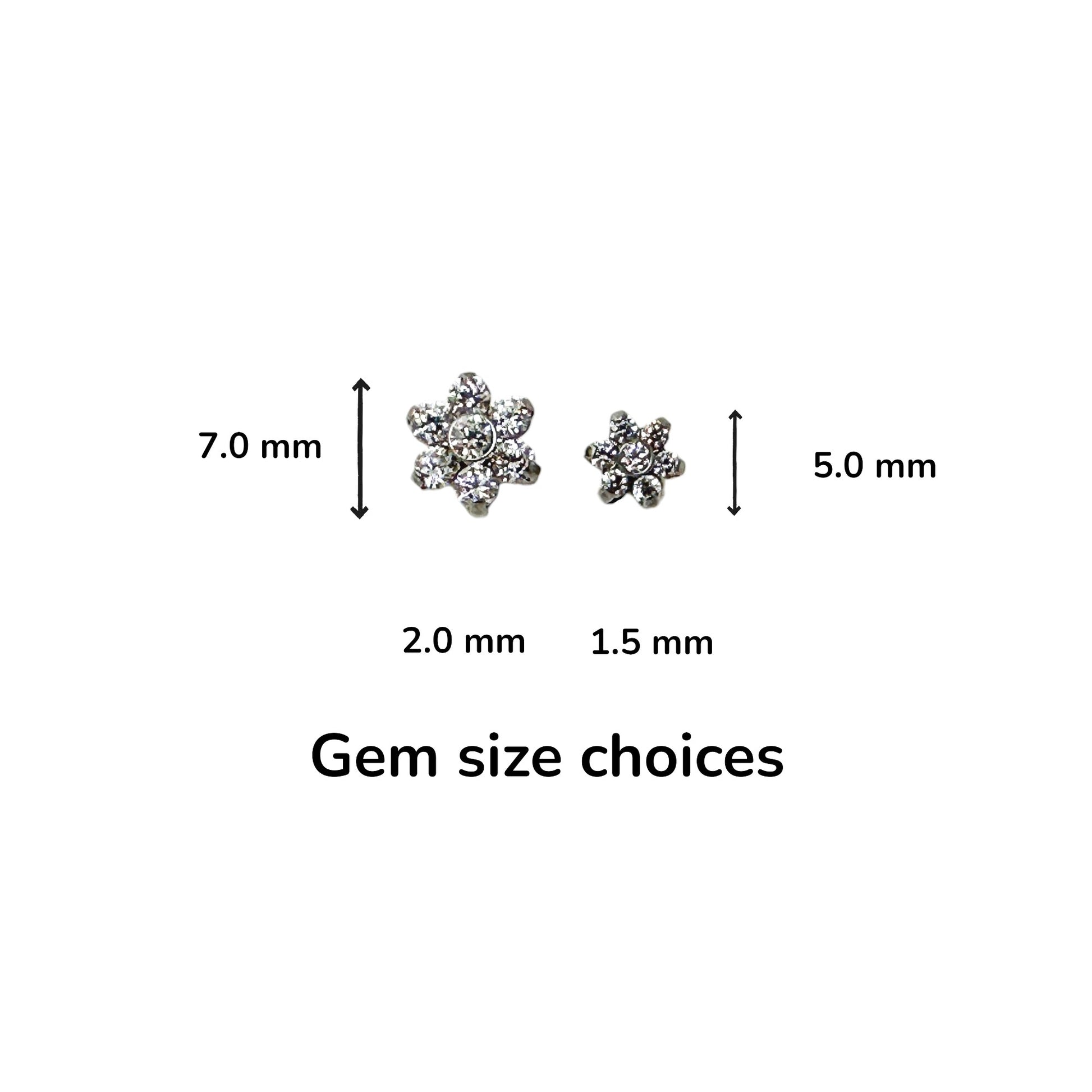 Pair of titanium snowflake-shaped earrings with size measurement choice on a white background
