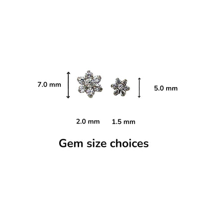 Pair of titanium snowflake-shaped earrings with size measurement choice on a white background
