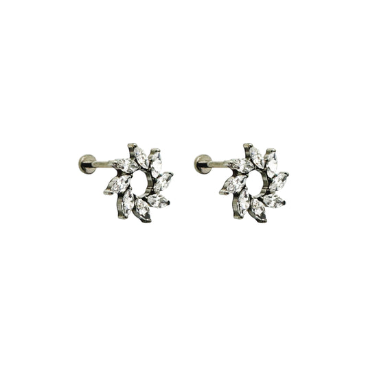 Titanium flower diamond gem flat back stud pair on a white back ground