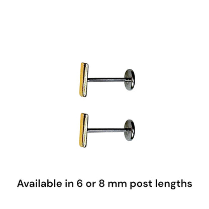 Titanium gold bar flat back threadless studs 2 sizes available on a white background