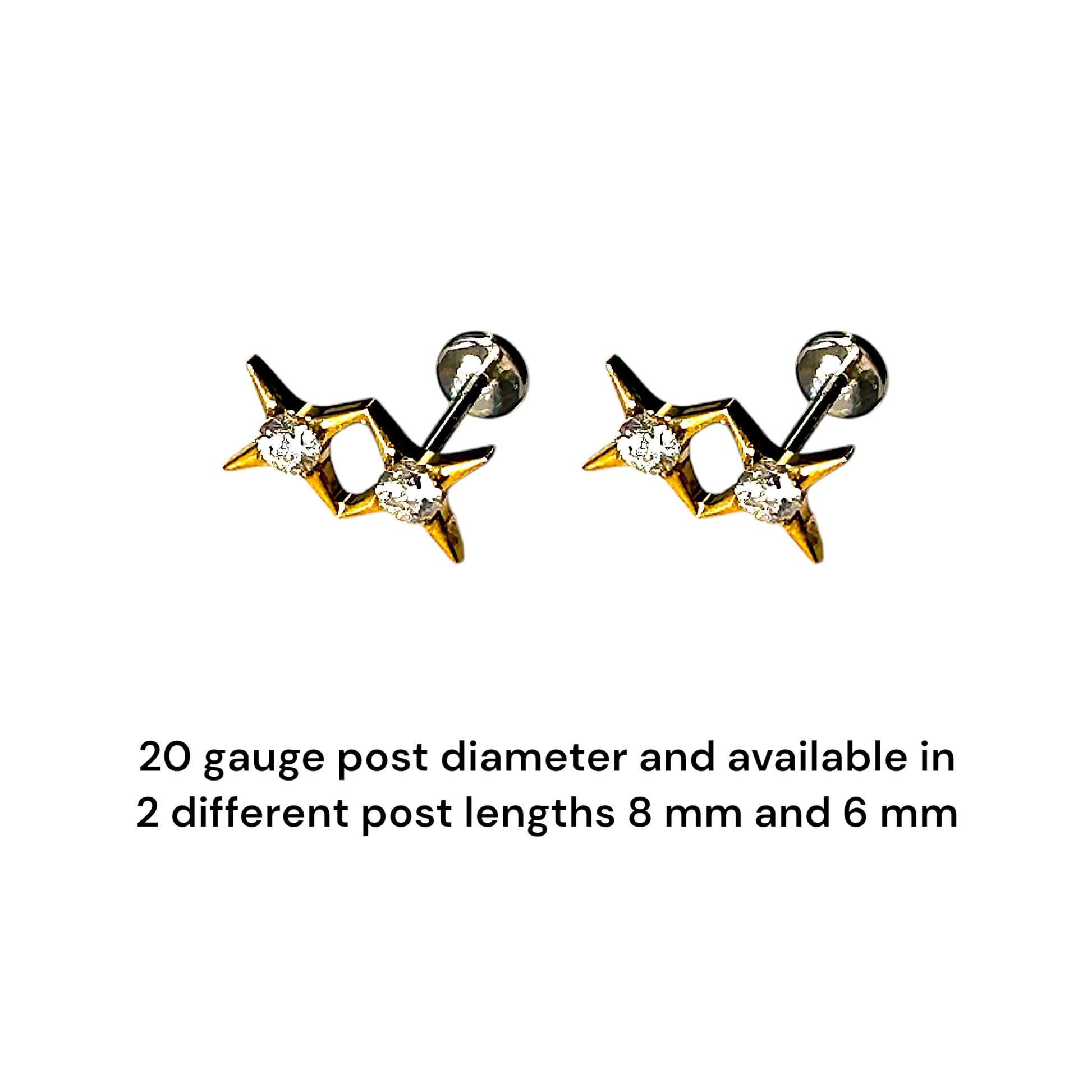 Titanium gold double star gem flat back stud 2 sizes available on a white background