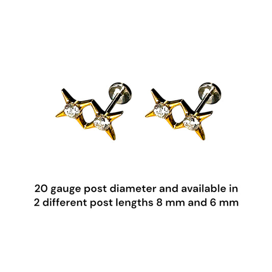 Titanium gold double star gem flat back stud 2 sizes available on a white background