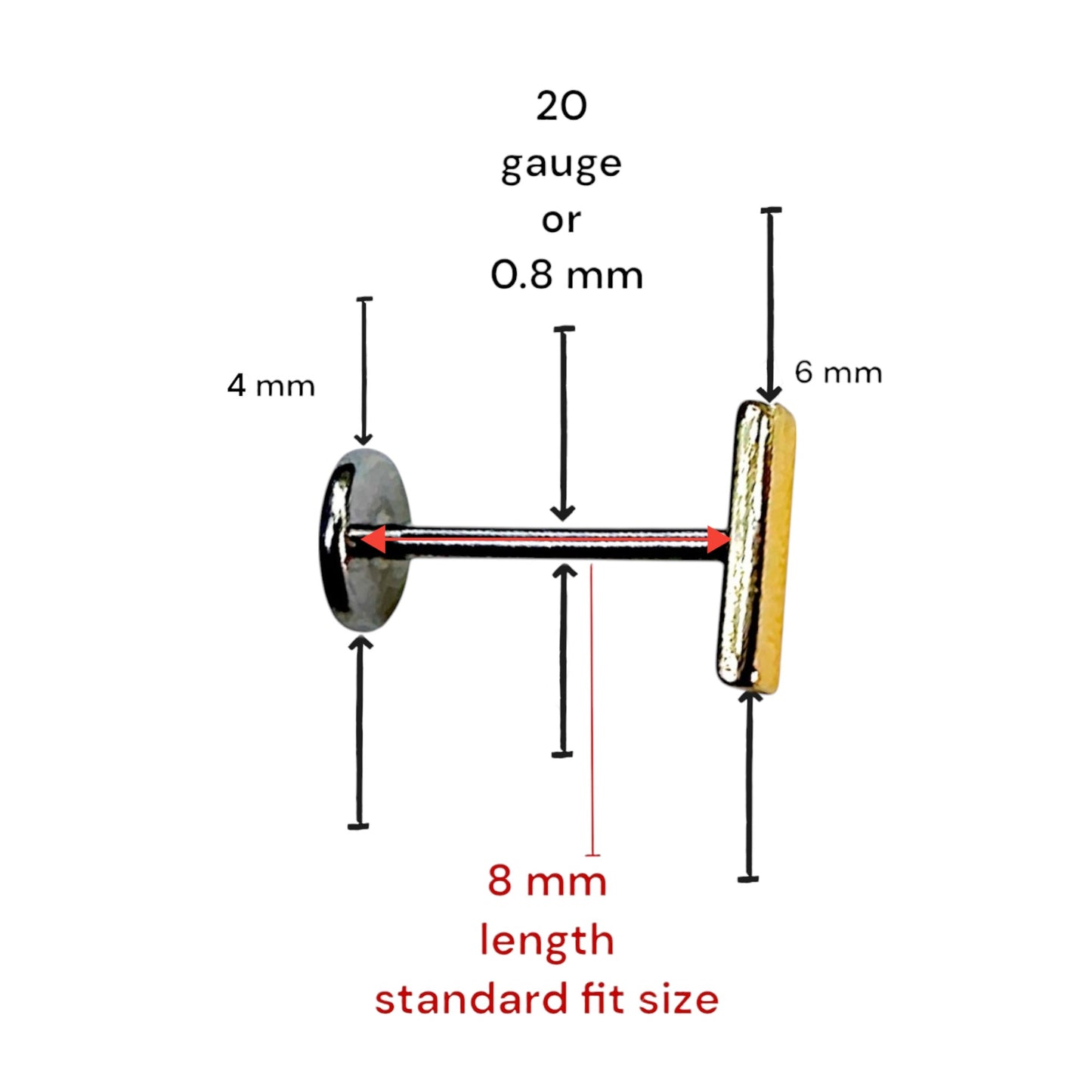 Titanium gold bar flat back threadless stud 8 mm measured on a white background