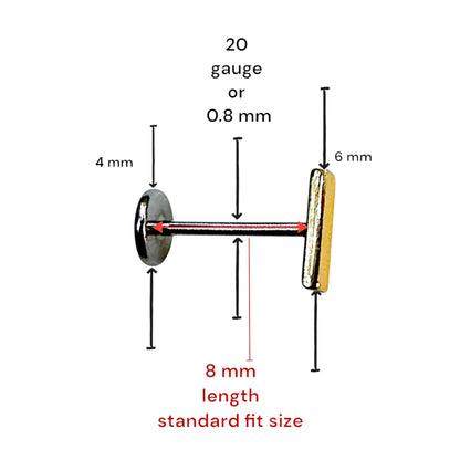 Titanium gold bar flat back threadless stud 8 mm measured on a white background