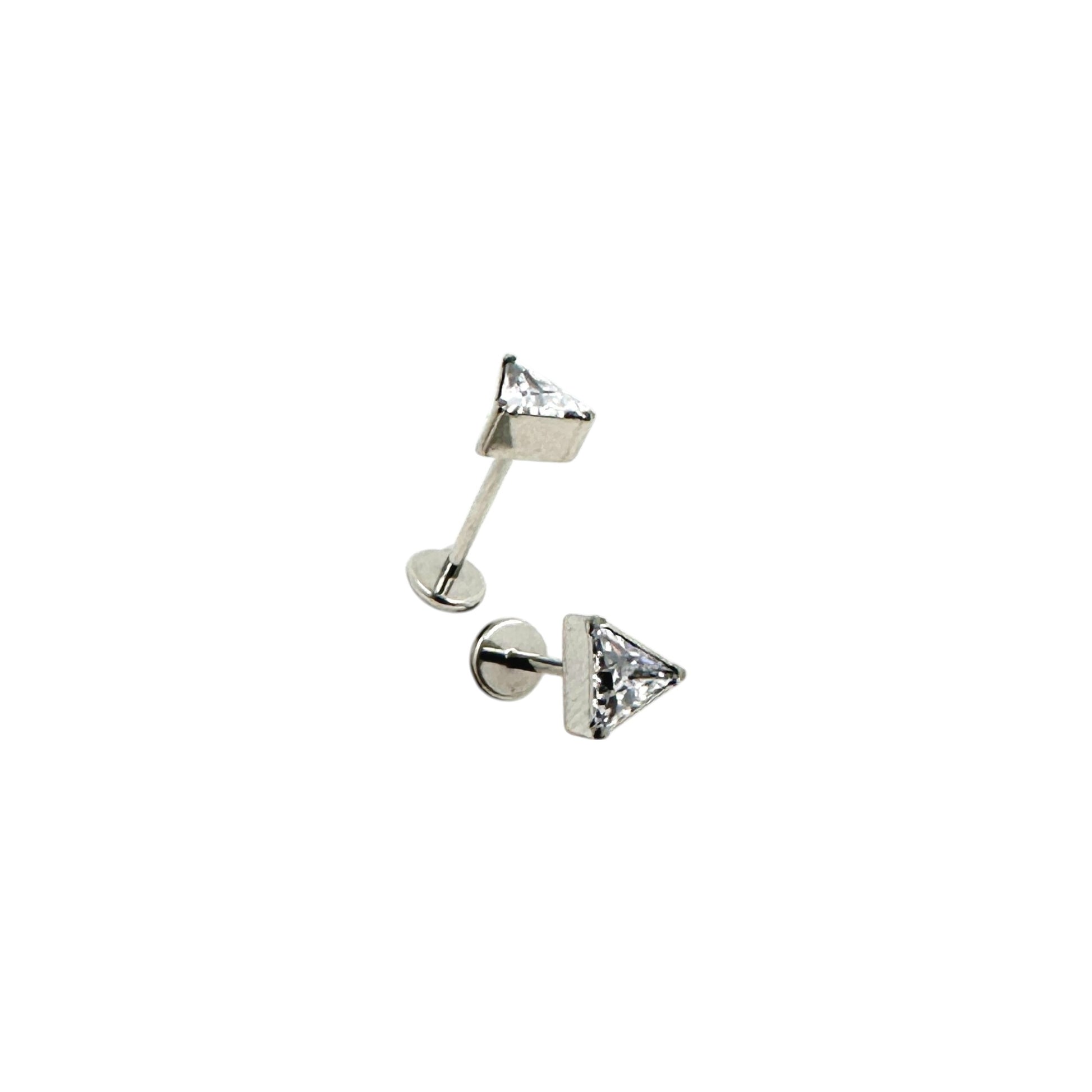 Pair of titanium 5 mm triangle-shaped stud earrings on a white background