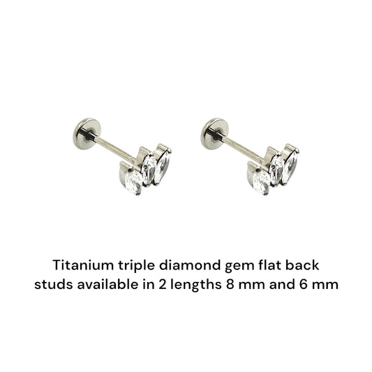 Titanium triple diamond gem flat back stud 6 and 8 mm post lengths on a white background