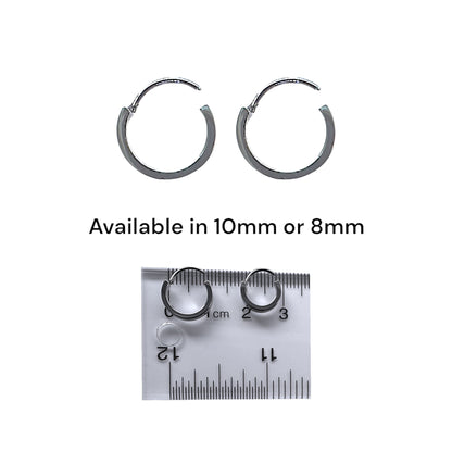 Titanium Hypoallergenic Small Hoops Silver 8mm, 10mm sizing on a uler comparing