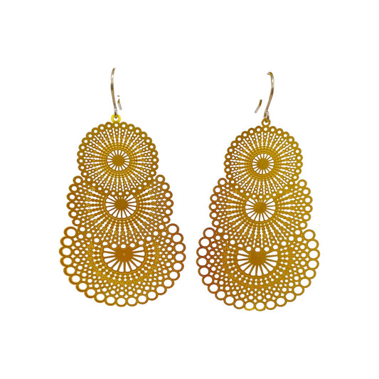 Triple gold disc drop earring with titanium hook. on a white background