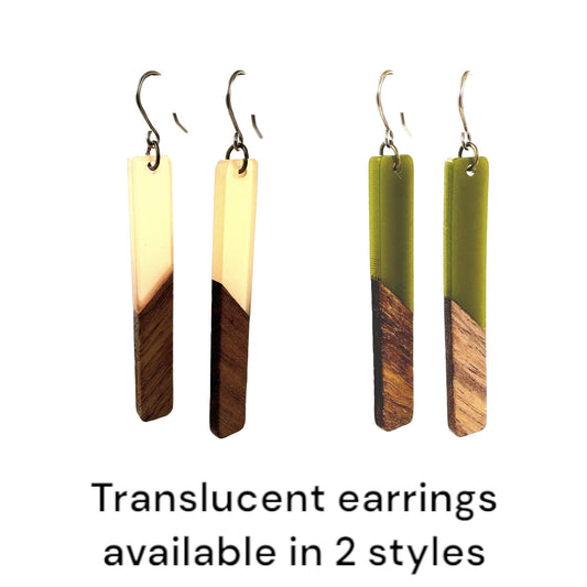 Translucent wood earrings with titanium hook. on a white background green and brown
