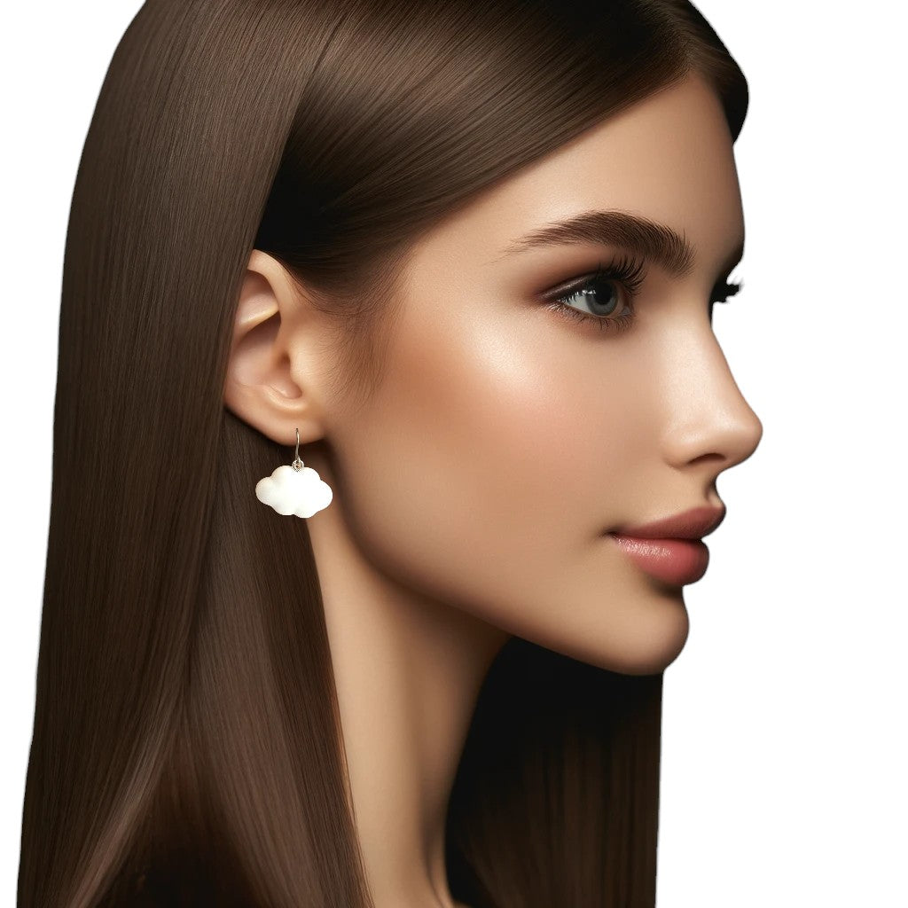 White Cloud earrings with titanium hook. on a white young woman.