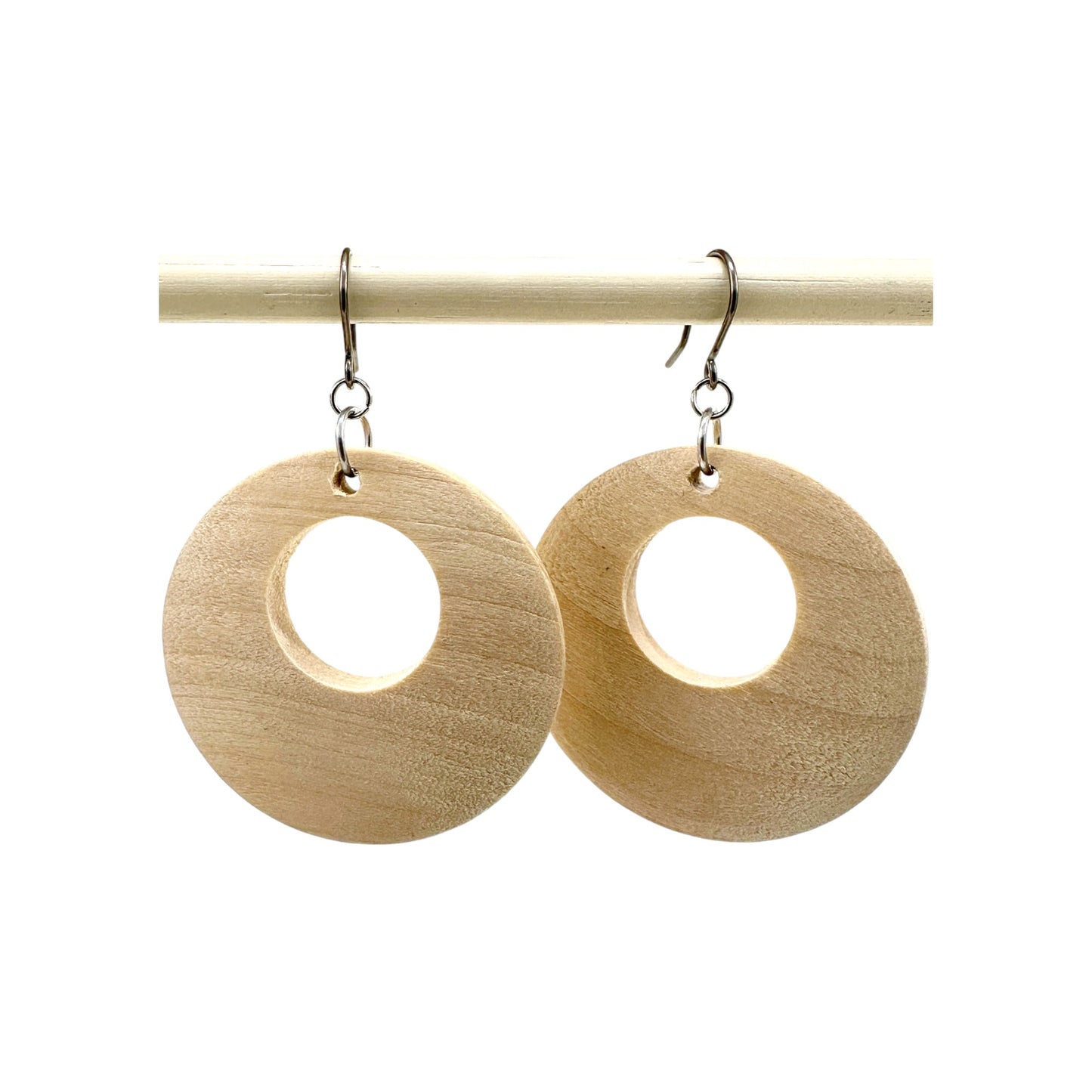 Wooden Hoopish Earrings with titanium hook. on a white background